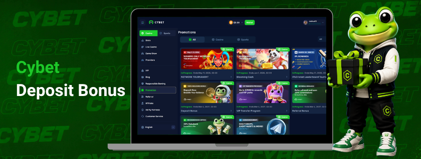 Cybet casino promotions page on a laptop displaying various bonus offers and categories, a frog mascot carrying a gift box, and the text "Cybet Deposit Bonus".