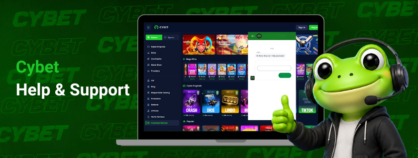 Cybet casino homepage on a laptop with an open live chat support window, a frog mascot wearing headphones and giving a thumbs up, and the text "Cybet Help & Support".