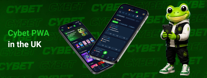 Cybet casino mobile app on two smartphones displaying game and betting sections, a frog mascot holding a phone, and the text "Cybet PWA in the UK".