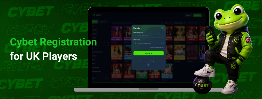 Cybet casino Sign In page on a laptop with the registration form open, a frog mascot giving a thumbs up with a branded football, and the text "Cybet Registration for UK Players".