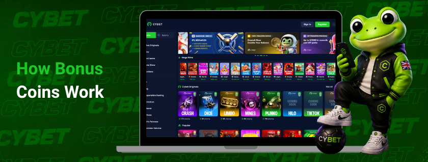 Cybet casino homepage on a laptop showing original games like Crash, Dice, Plinko, Mines, and HiLo, a frog mascot with a branded football, and the text "How Bonus Coins Work".