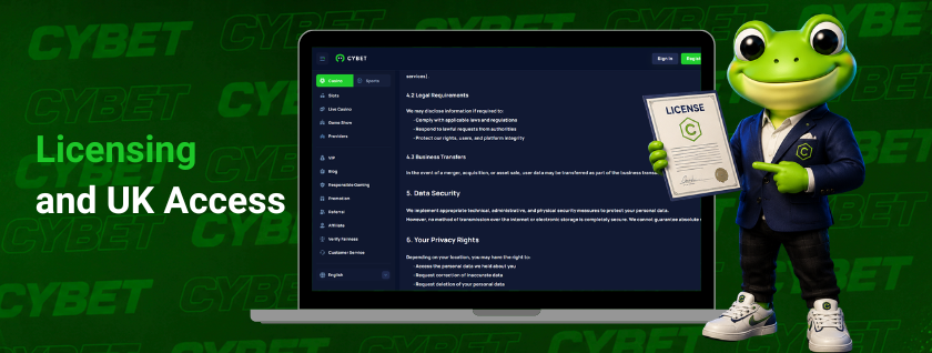 Cybet casino terms and privacy policy page on a laptop, a frog mascot holding a license certificate with a green checkmark, and the text "Licensing and UK Access".