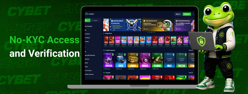 Cybet casino homepage on a laptop showcasing original games and promotions, a frog mascot holding a laptop with a security shield icon, and the text "No-KYC Access and Verification".