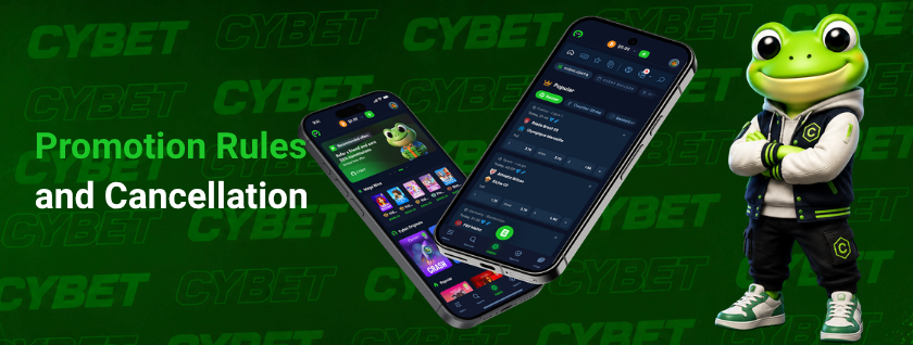 Cybet casino mobile app on two smartphones displaying game and betting sections, a frog mascot, and the text "Promotion Rules and Cancellation".