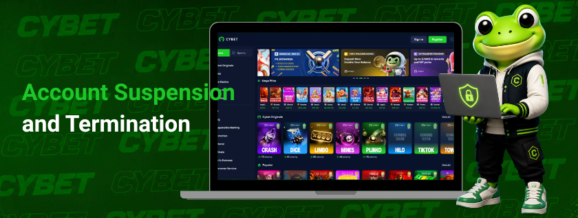 CYBET account suspension and termination on laptop with frog mascot