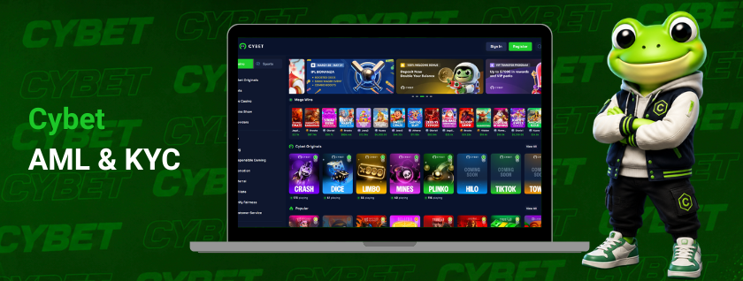CYBET AML and KYC on laptop with frog mascot