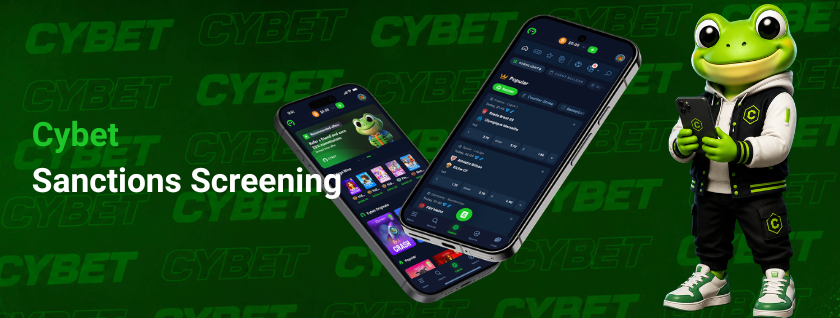 CYBET sanctions screening on mobile with frog mascot holding phone