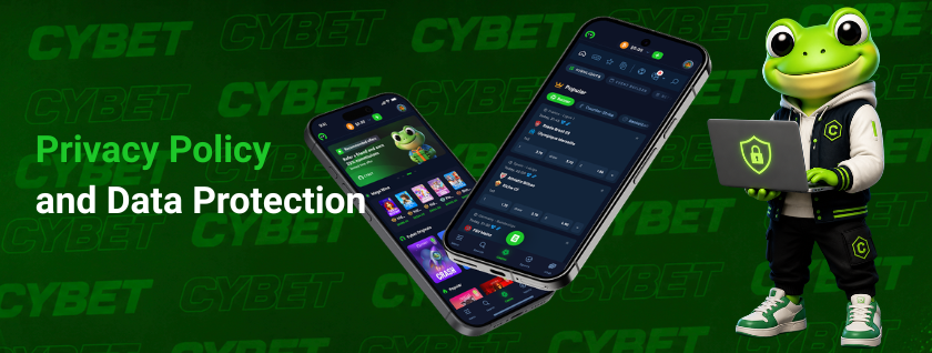 CYBET privacy policy and data protection on mobile with frog mascot