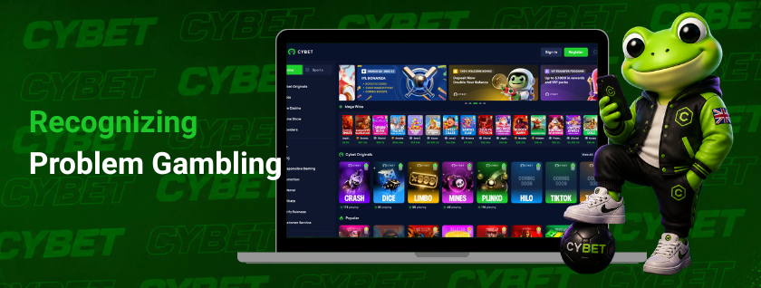 CYBET recognizing problem gambling on laptop with frog mascot