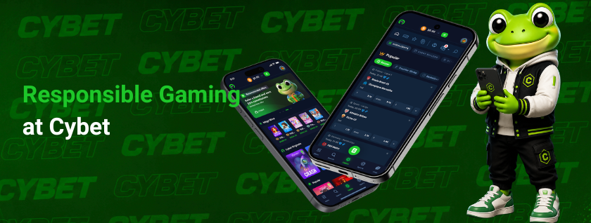 CYBET responsible gaming on mobile with frog mascot holding phone