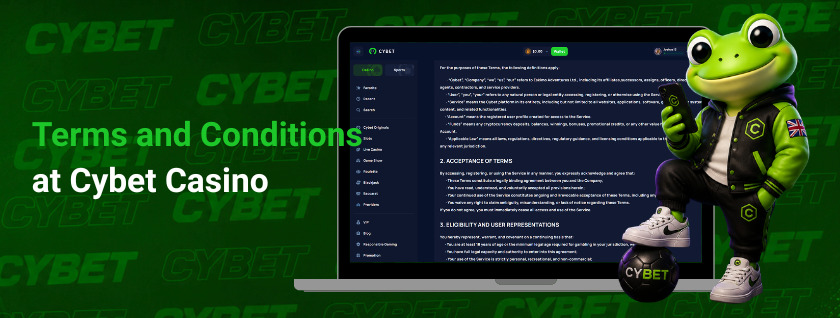 CYBET terms and conditions on laptop with frog mascot